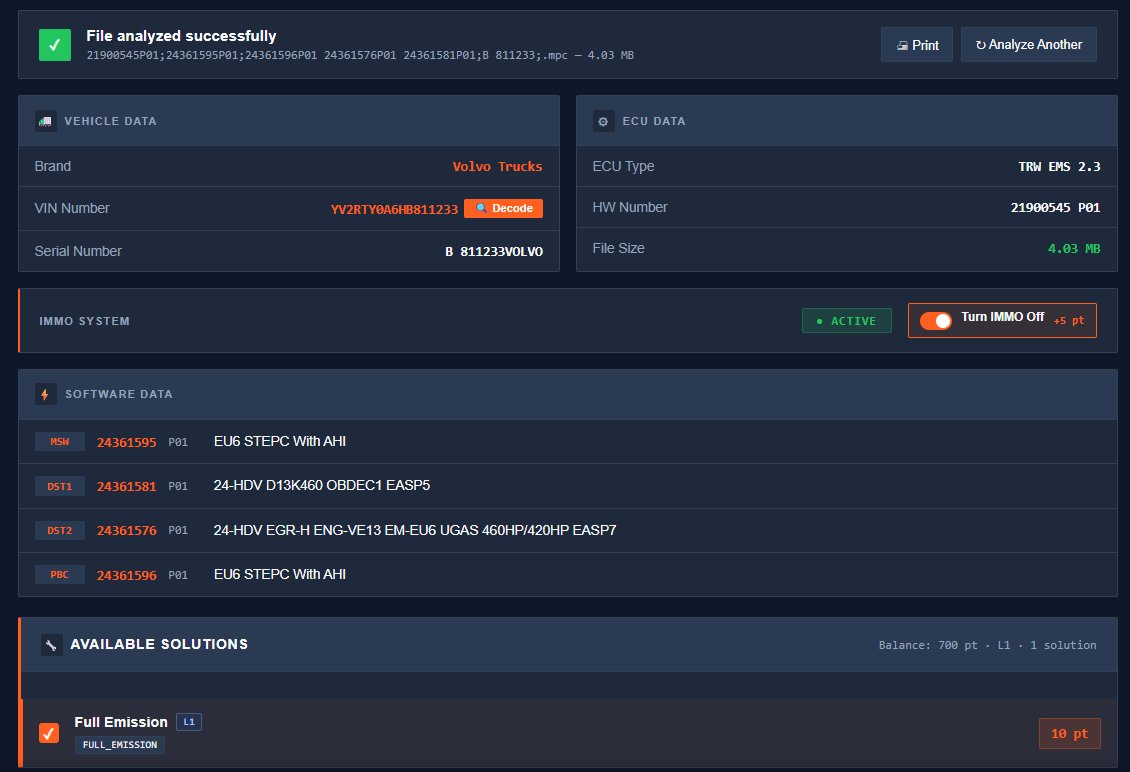 TIDHEX File Analysis Screen — Volvo Trucks ECU decoding interface