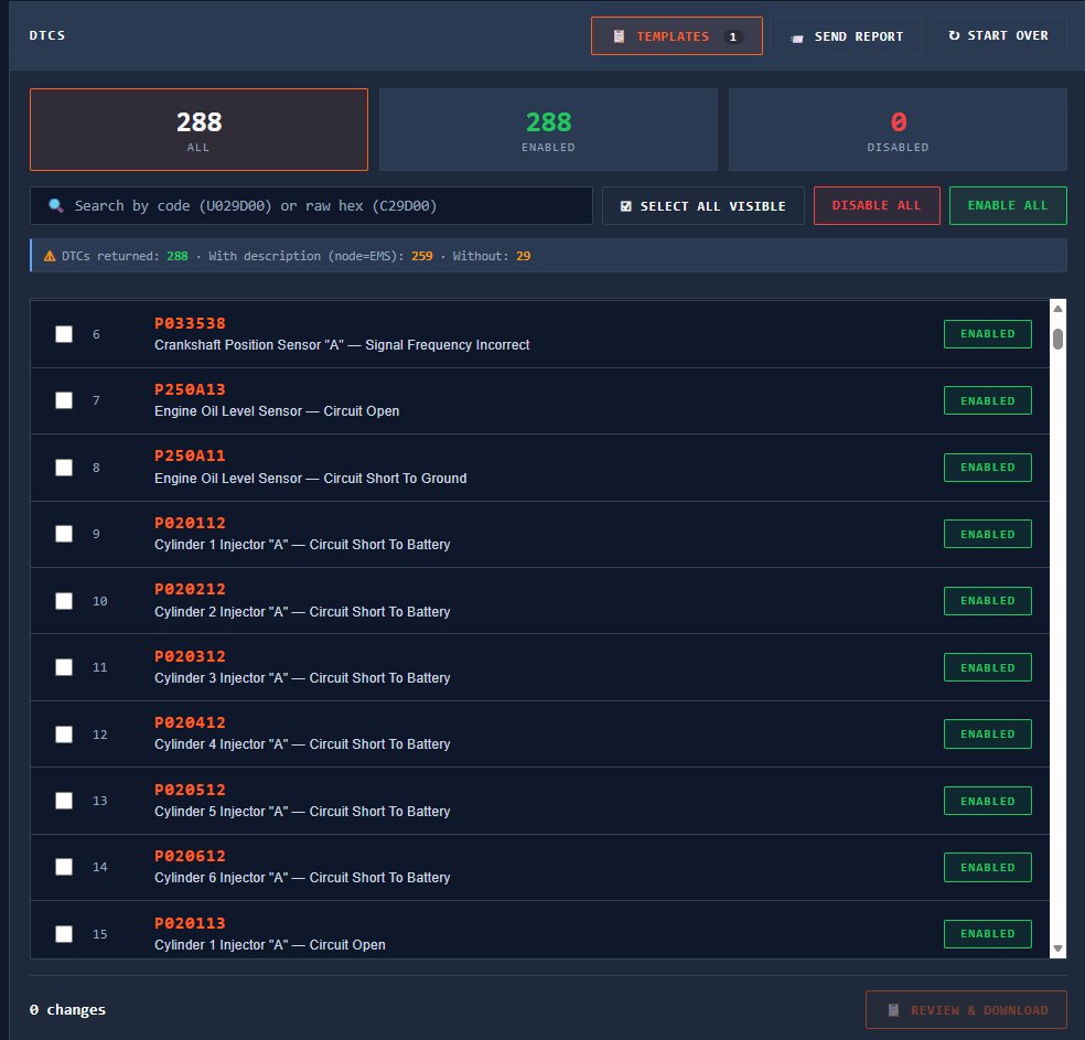TIDHEX DTC Control Screen — Diagnostic trouble code management interface